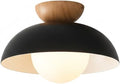 Minimalist Wood Grain Ceiling Lamp Nordic Wrought Iron Ceiling Light Mid Century Semi Recessed Ceiling Light Fixture for Cloakroom Kitchen Bedroom Entryway(Black)