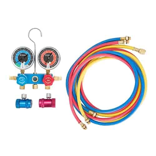 OEMTOOLS 24559 R1234yf Manifold Gauge Set, AC Manifold Gauge Set, Charging and Diagnostics for Automotive Refrigerant Systems, 72' Hoses, Sight Glass, Manual Couplers, Free-Floating Piston Valves