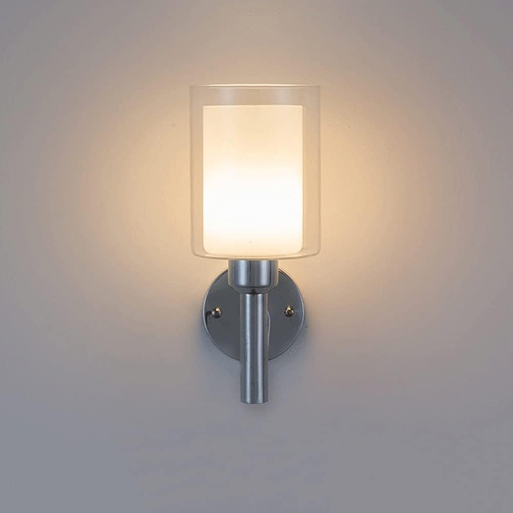 Indoor Single-Head Wall Light Simple Wrought Iron Lamp Body + Cylindrical Glass Lampshade Sconces E27 Lighting Fixture 2-Layer Lampshade Bedroom Bedside Sconce Lights(Chrome)