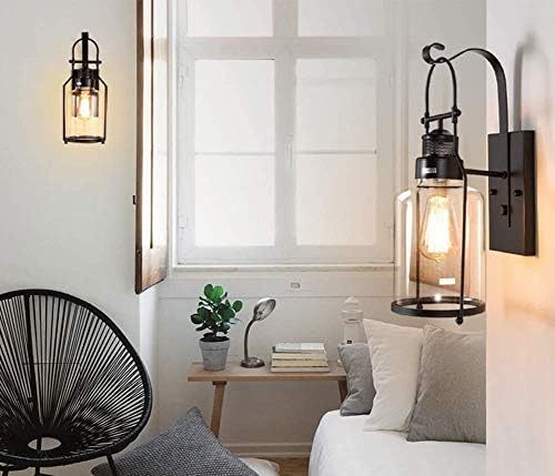 Wall Light Vintage Wall Lights Retro Industrial Wall Lamp Glass Shade Wrought Iron Wall Sconce E27 for Loft Restaurant Bar Living Room Courtyard Decorate Wall Lighting Fixture, Black
