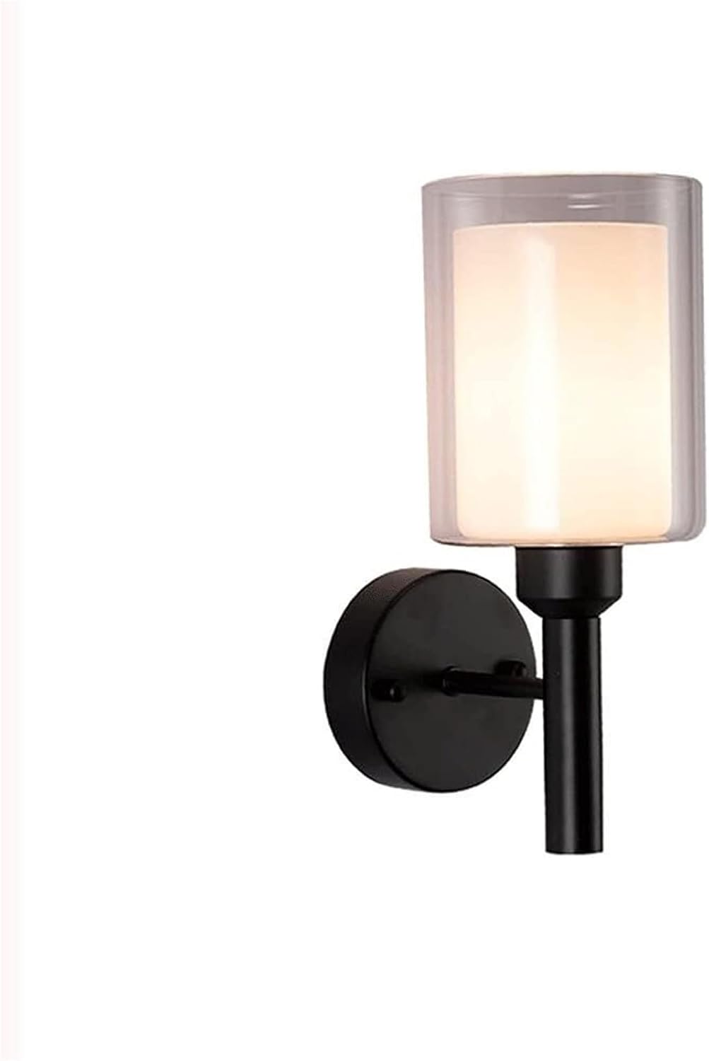 Indoor Single-Head Wall Light Simple Wrought Iron Lamp Body + Cylindrical Glass Lampshade Sconces E27 Lighting Fixture 2-Layer Lampshade Bedroom Bedside Sconce Lights(Black)