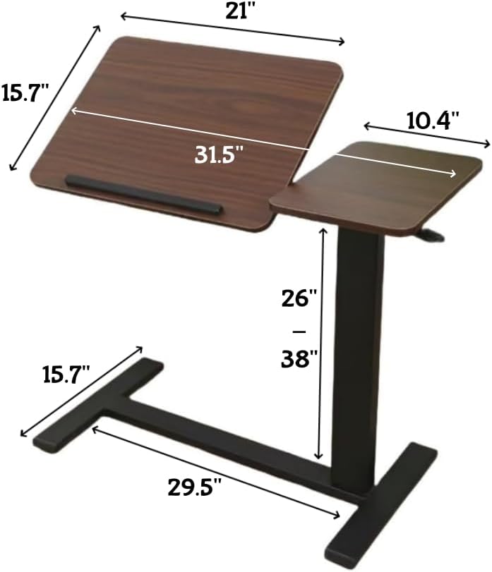 Portable Overbed Rolling Desk, Height Adjustable Mobile Standing Table, Foldable 31 Inch Small Laptop Bedside Desk with Tiltable Desktop, Hidden Wheels, Tray Table for Bed Sofa Side, Walnut+Black