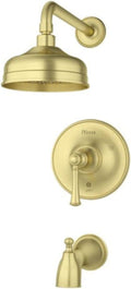 Pfister, LG89-8TBBG, Tisbury Tub and Shower Trim Package with Single Function Rain Shower Head, Brushed Gold