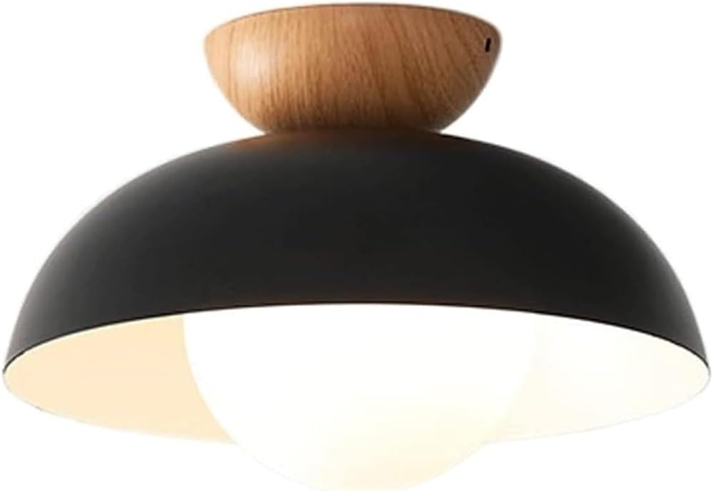 Nordic Semi-Recessed Ceiling Light Wrought Iron and Wood E14 Single-Head Pendant Fixture for Bedroom Aisle Corridor and Entrance(Black)