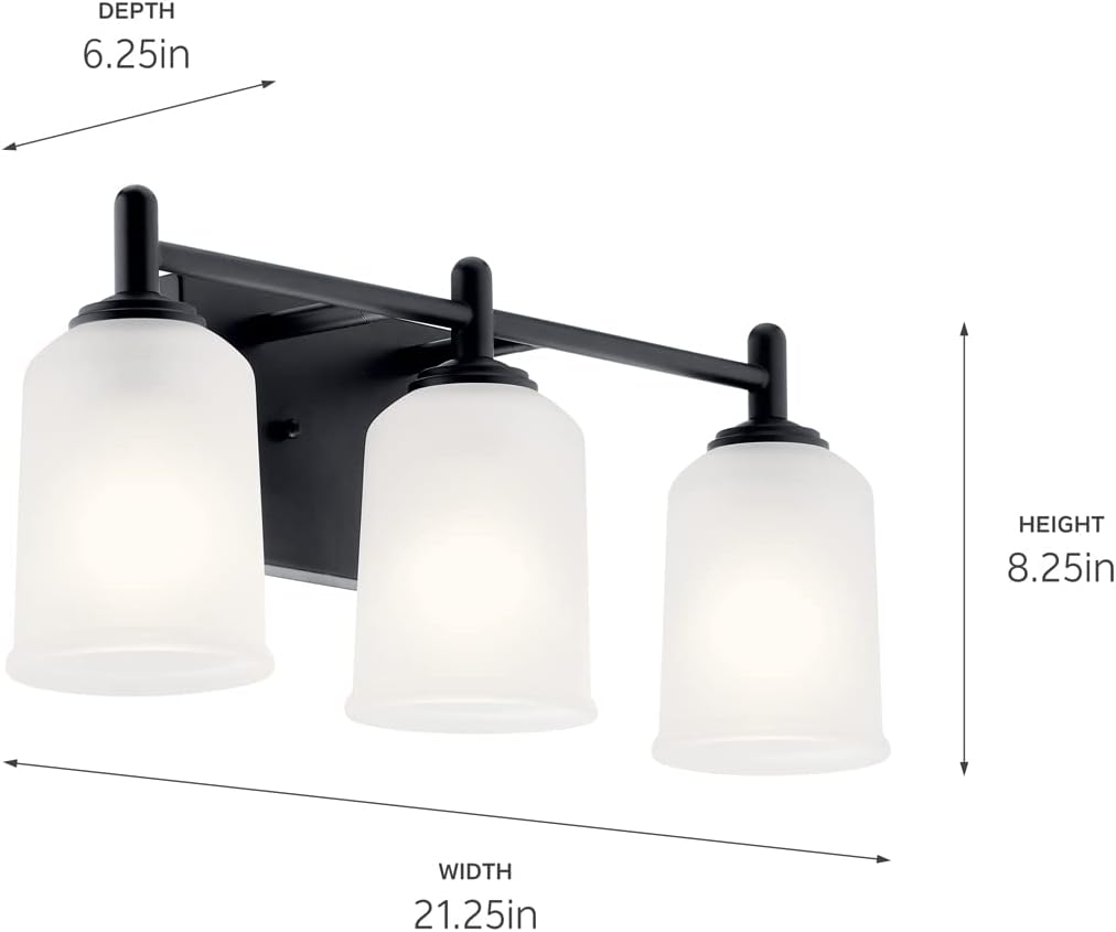 Kichler Shailene 21' 3-Light Bathroom Vanity Light Fixture with Satin Etched Glass in Black, Wall Mount Over Mirror Lighting for Bathroom and Powder Room (21' x 8.25'), 45574BK