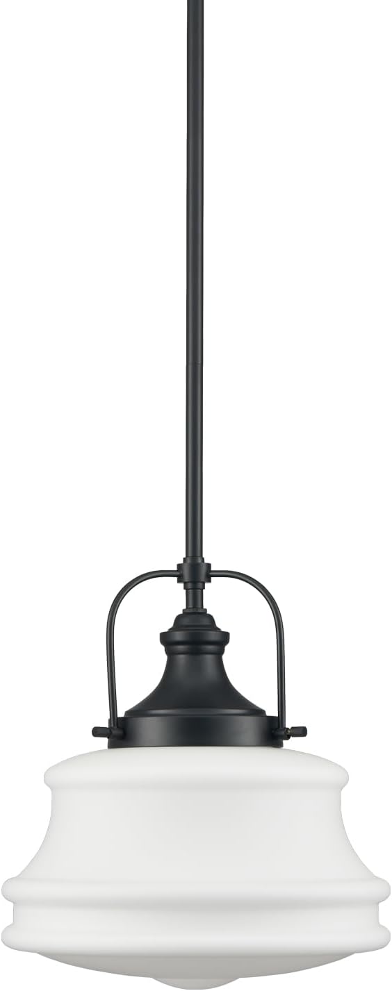 DEYNITE Industrial Black Pendant Light Rod Hanging Schoolhouse Light Milk White Shade for Kitchen Bar Bedroom Bathroom Dining Room