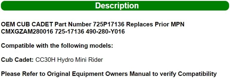 725P17136 Battery AGM 7AHR CC 30 H Hydro Mini Rider, Replacement for CUB CADET OEM