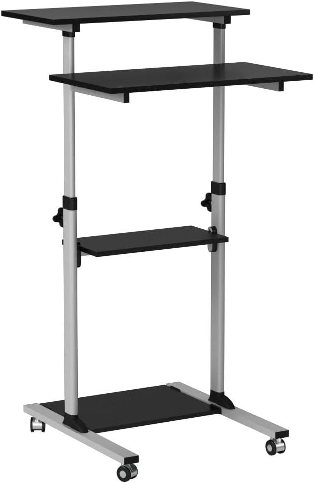 Mount-It! Rolling Desk Adjustable Height up to 54.7', Portable Standing Desk for Laptop or Podium Stand with Wheels, Mobile Roller Presentation Cart, Computer Work Station 27.5' Wide, Locking Wheels