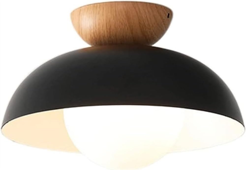 Nordic Minimalist Ceiling Light Wrought Iron Wood Semi Recessed Modern Flush Mount Lamp Space Saving Lighting Fixture for Bedroom Aisle Entrance Kitchen Cloakroom(Black)