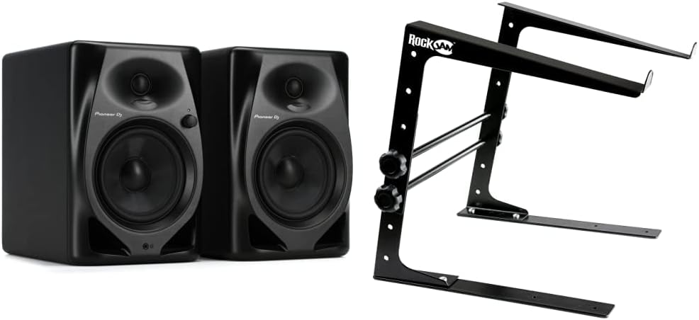 Pioneer DJ DM-50D 5-inch Active Monitor Speaker - Black & RockJam Portable DJ Laptop Stand with Adjustable Height, Anti-Slip Design, Works for Laptops, Controllers and CD Players