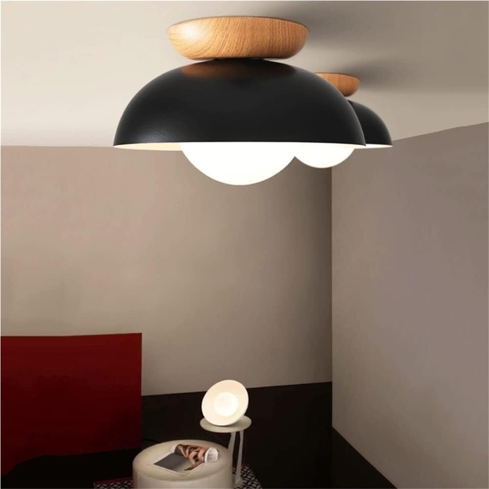 Minimalist Wood Grain Ceiling Lamp Nordic Wrought Iron Ceiling Light Mid Century Semi Recessed Ceiling Light Fixture for Cloakroom Kitchen Bedroom Entryway(Black)