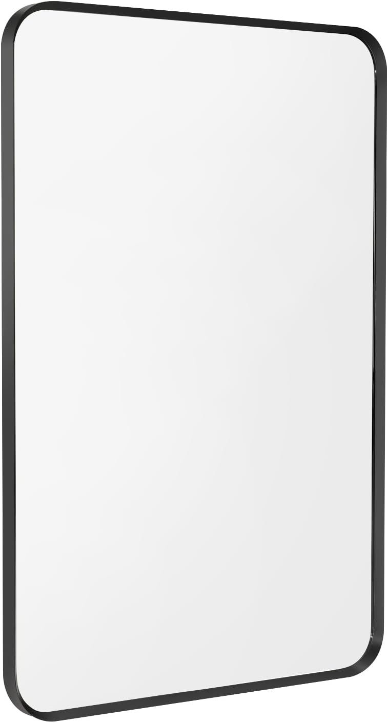 Wall Mount Mirror for Bathroom, Brush Black Metal Framed Rounded Corner Rectangular Vanity Mirror (16' x 20', Black)