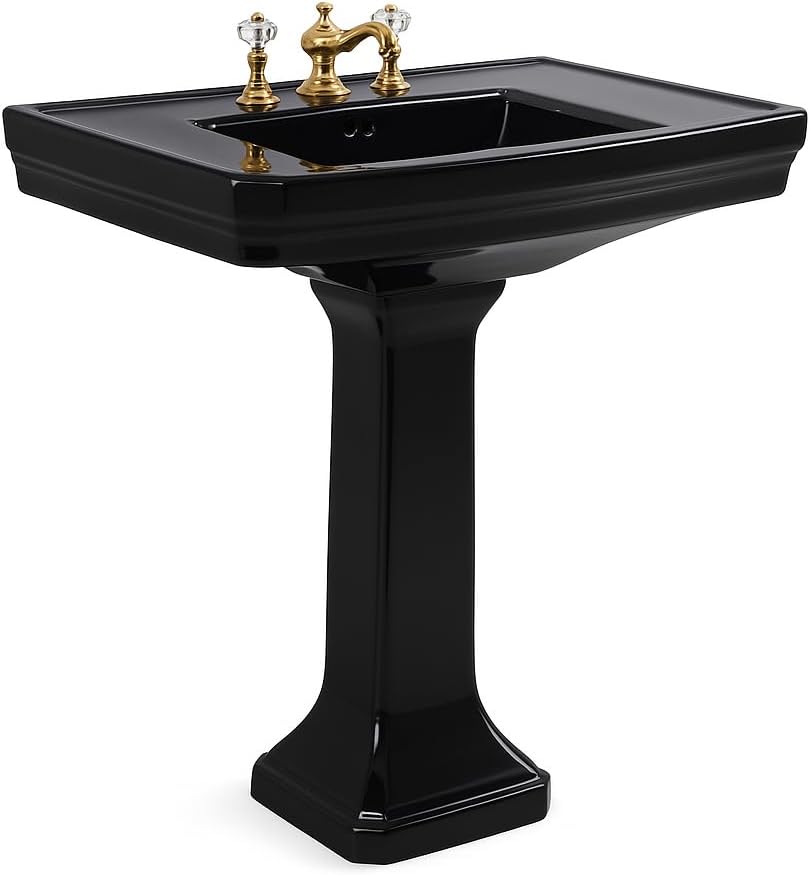 Renovators Supply Manufacturing Victorian 32' W x 34.5' H x 22' Proj. Large Bathroom Black Pedestal Sink, Vitreous China, with Overflow, Compatible with 8 in. Widespread Faucets