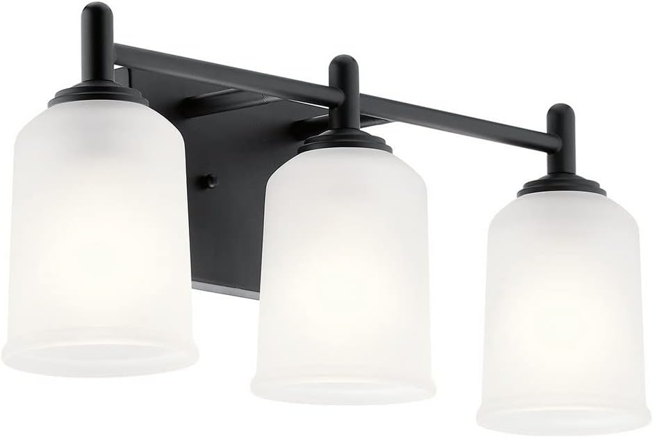 Kichler Shailene 21' 3-Light Bathroom Vanity Light Fixture with Satin Etched Glass in Black, Wall Mount Over Mirror Lighting for Bathroom and Powder Room (21' x 8.25'), 45574BK