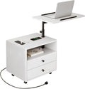 Bedroom Nightstand with Drawers & Charging Station, Adjustable Height Bedside Table with Wheels, Wooden Small Sofa Side Tables with Storage for Living Room, White