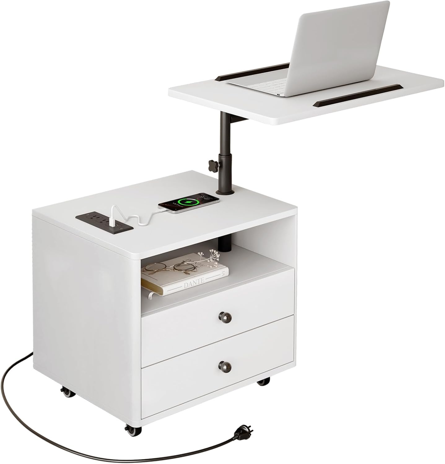Bedroom Nightstand with Drawers & Charging Station, Adjustable Height Bedside Table with Wheels, Wooden Small Sofa Side Tables with Storage for Living Room, White