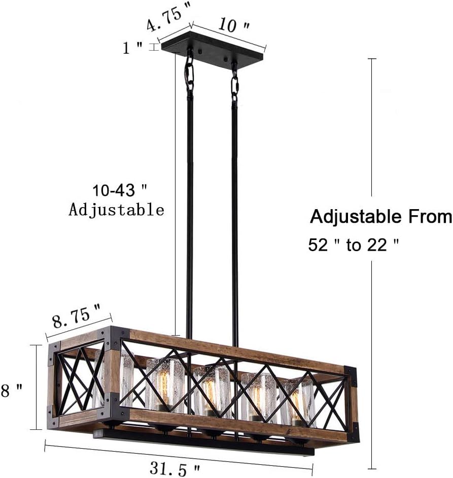 Giluta Rectangle Wood Metal Pendant Light Kitchen Island Chandelier Black Finish Rustic Industrial Chandelier Vintage Ceiling Light Fixture 5 Lights with Glass Shade (17810)