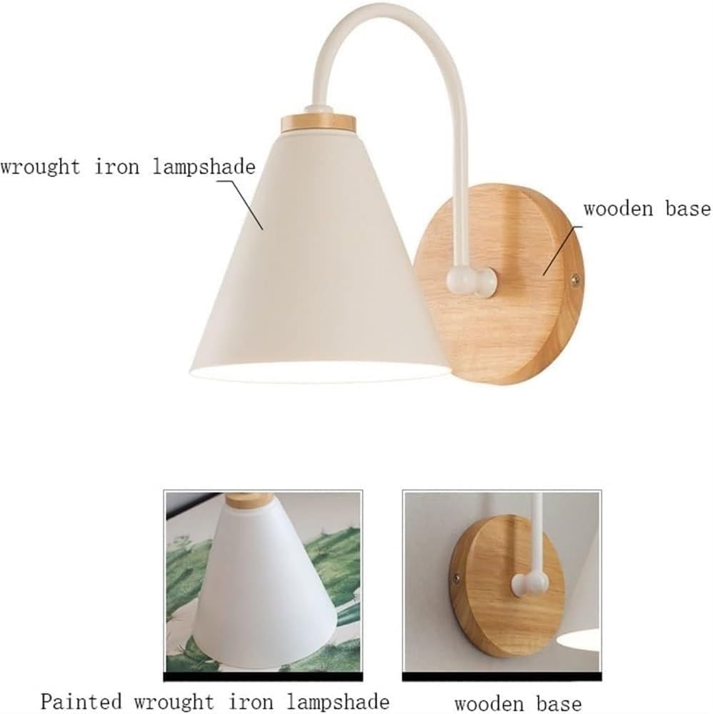 Nordic Wall Sconce Solid Wood Wrought Iron Wall Lamp Modern Japanese Style E26/E27 Base Bedside Wall Mount Light Fixture for Bedroom Living Room Apartment Homestay Black(White)