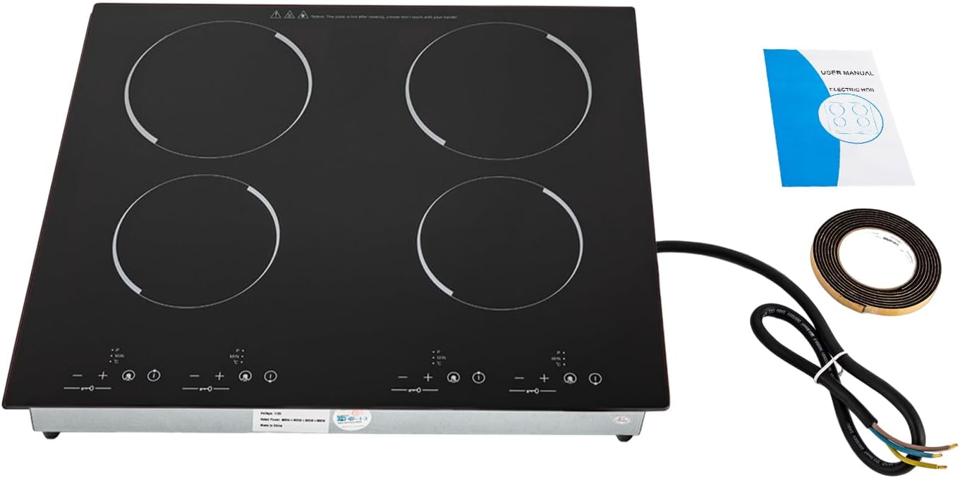 4 Burner Electric Cooktop Electric Stove Top Induction Cooktop Counter top Burner Built-in Electric Ceramic Stovetop Smooth Surface Glass 9 Heating Level Safety Lock,3000W (No Plug)