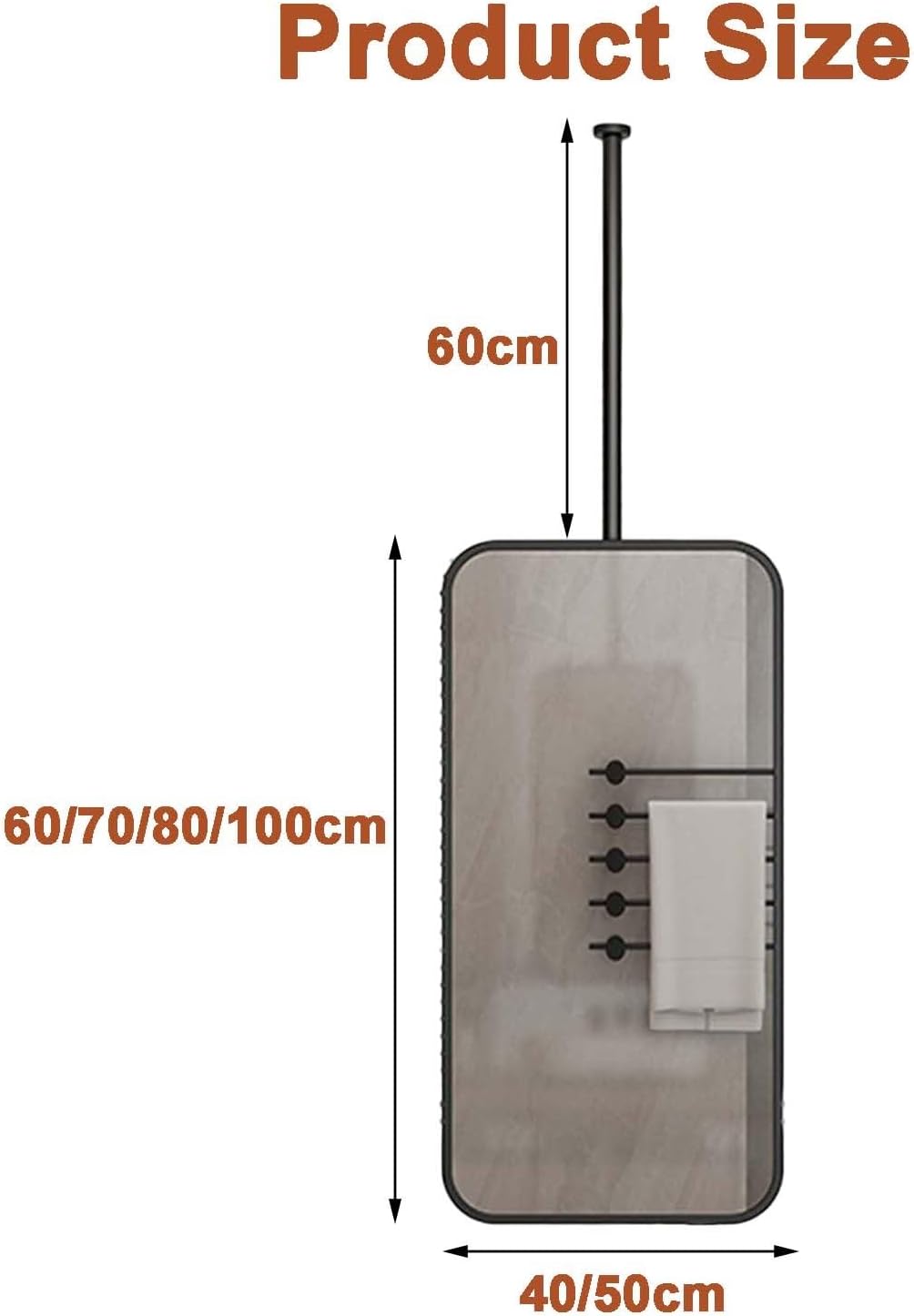 Ceiling Hanging Mirror,Square WallMounted Bathroom Mirror,Wrought Iron Suspended Makeup Mirror,for Hotel Bedrooms Bathrooms and Living Rooms(Black,40x60cm)