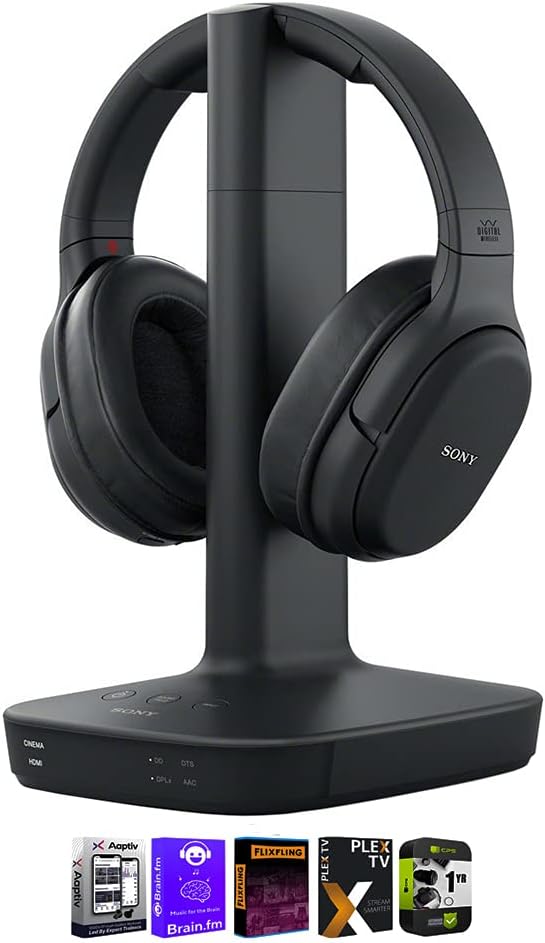 Sony WH-RF400 Wireless Home Theater Headphones Black Bundle with Tech Smart USA Audio Entertainment Essentials Bundle and 1 YR CPS Enhanced Protection Pack