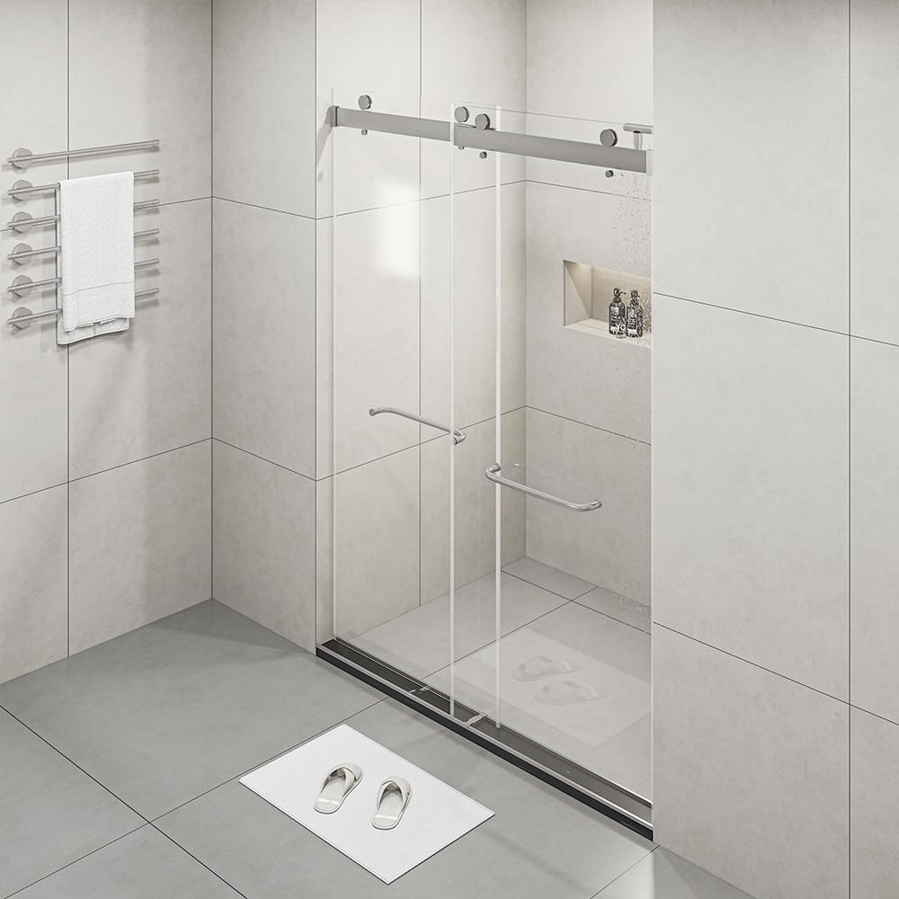 Favfurish Frameless Shower Door 60'x76'-3/8'(10mm) Tempered Glass Double Sliding Bathroom Door,Brushed Nickel Stainless Steel,Soft Closing Design (SGCC Certified)