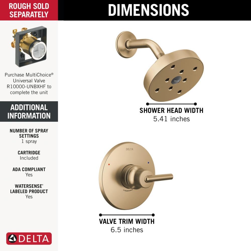 Delta Faucet Trinsic 14 Series Single-Function Shower Trim Kit with Single-Spray H2Okinetic Shower Head, Champagne Bronze T14259-CZ (Valve Not Included)