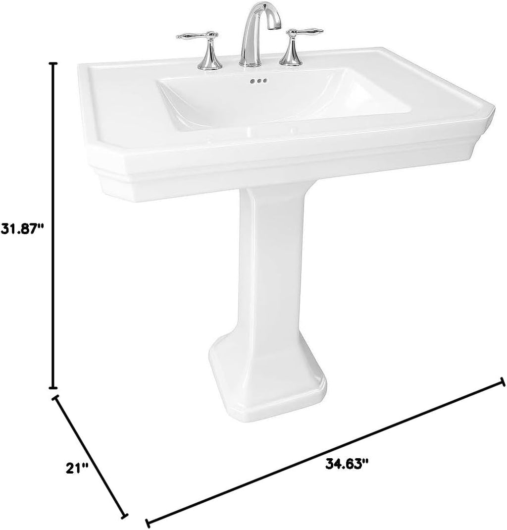 Renovators Supply Manufacturing Victorian 32' W x 34.5' H x 22' Proj. Large White Bathroom Pedestal Sink, Vitreous China, with Overflow, Compatible with 8 in. Widespread Faucets