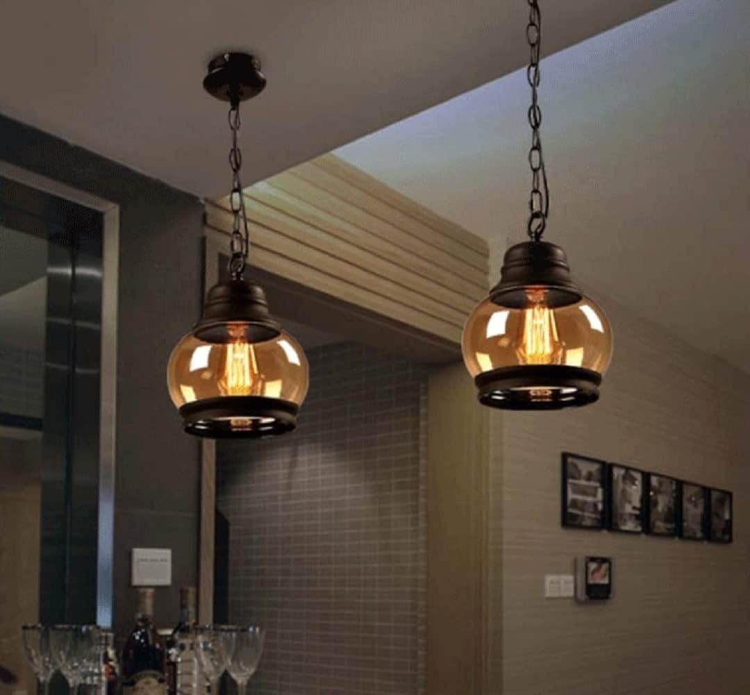 Chandelier Light Vintage Amber Glass Pendant Light Industrial Wrought Iron Hanging Lamp Mini Modern Black Adjustable Ceiling Chandelier Lights Fixture for Kitchen Island Farmhouse Loft Bar Hallway Han
