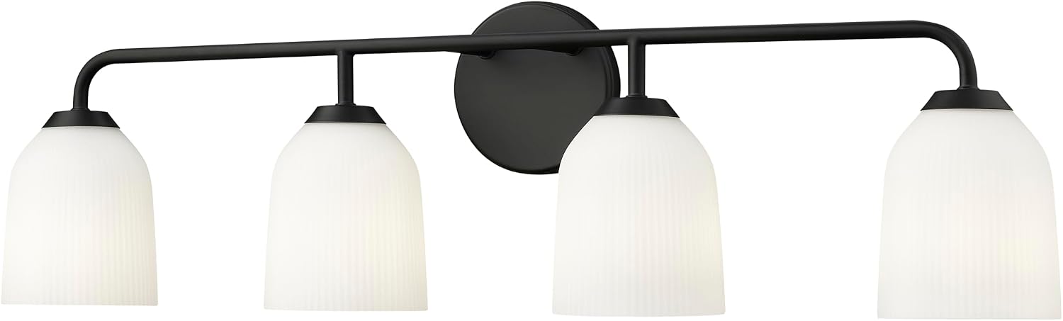 ML Lighting | Norah Collection | 22304-MB | Indoor 4 Light Vanity in Matte Black with Opal Ribbed Glass Shade | Elegant and Versatile Design for Any Bathroom