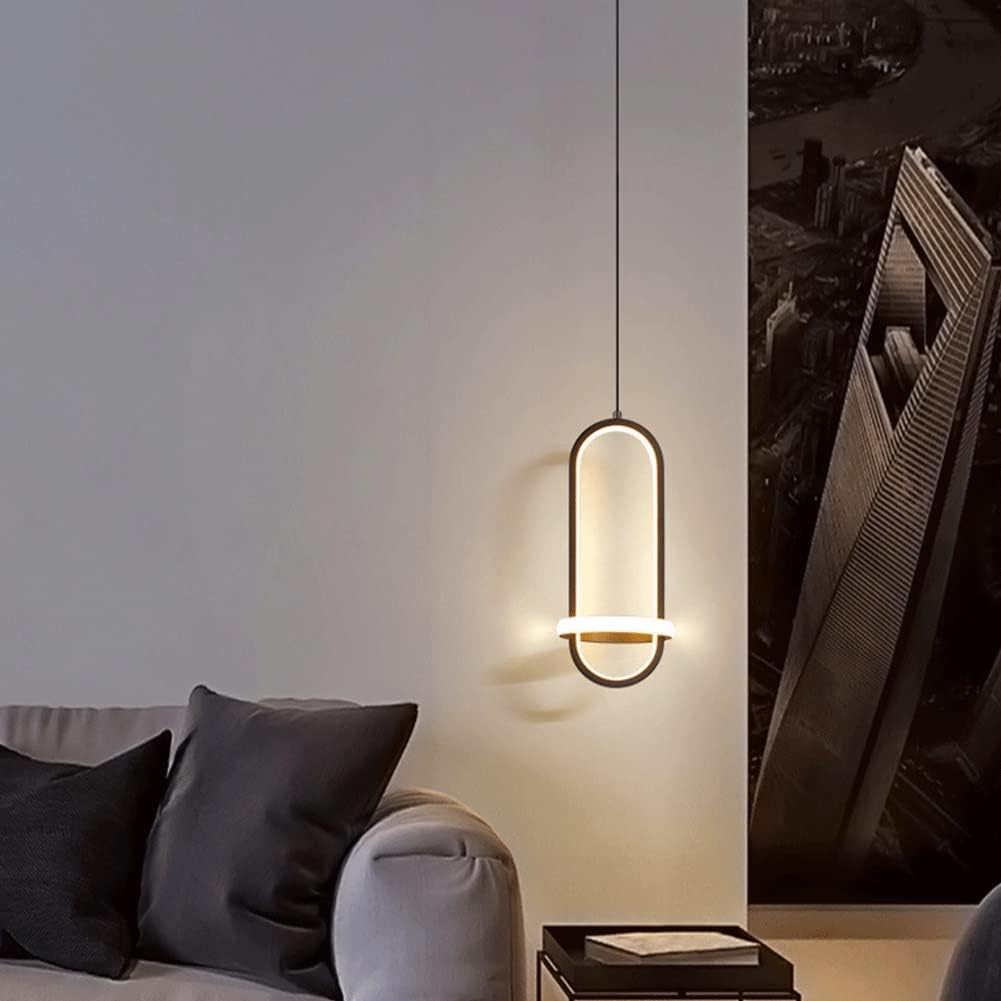 Modern Chandelier Oval Metal LED Pendant Light Modern Wrought Iron Hanging Lamp Nordic Adjustable Ceiling Lighting Fixture fo Kitchen Island Dining Ro(Black-White Light)