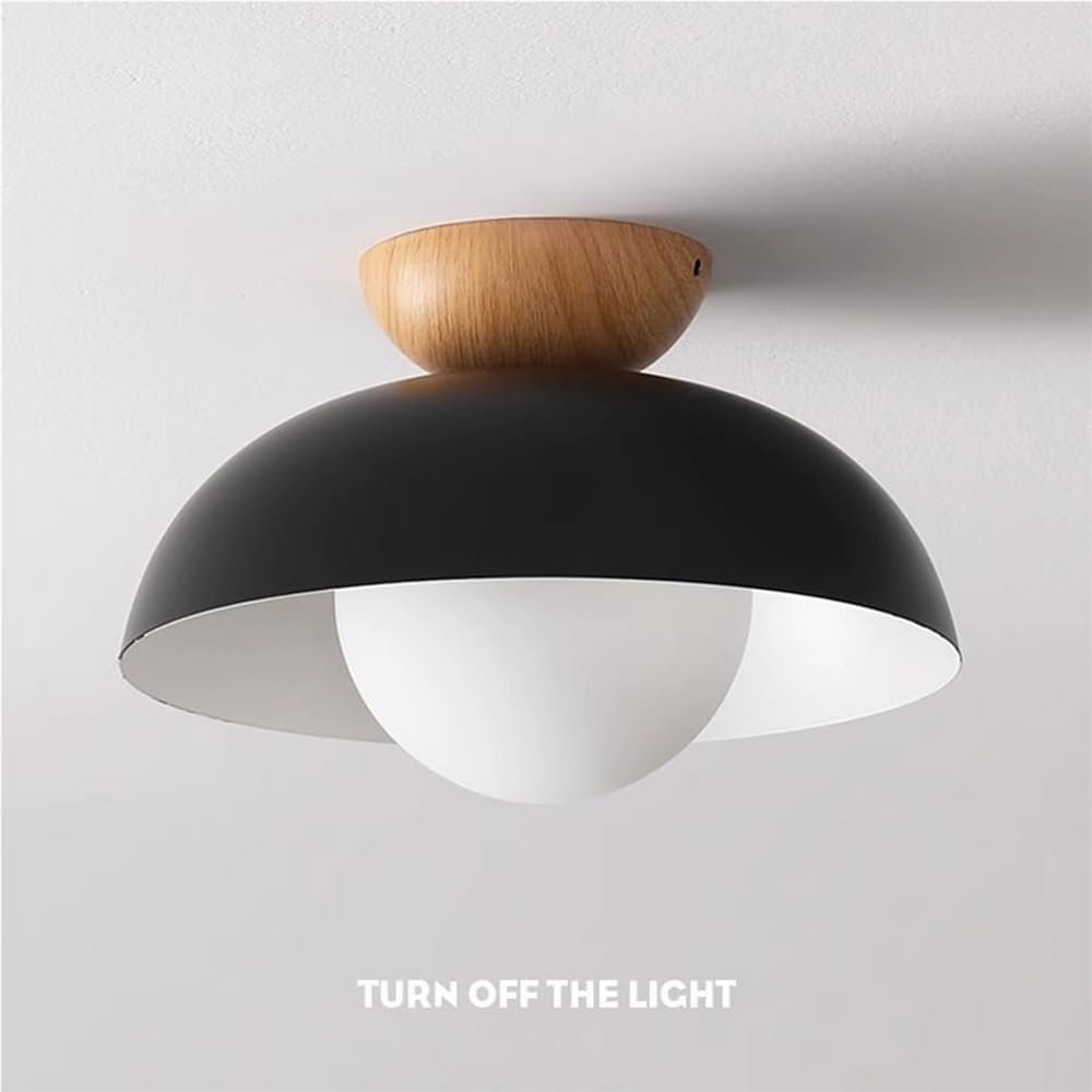 Nordic Minimalist Ceiling Light Wrought Iron Wood Semi Recessed Modern Flush Mount Lamp Space Saving Lighting Fixture for Bedroom Aisle Entrance Kitchen Cloakroom(Black)