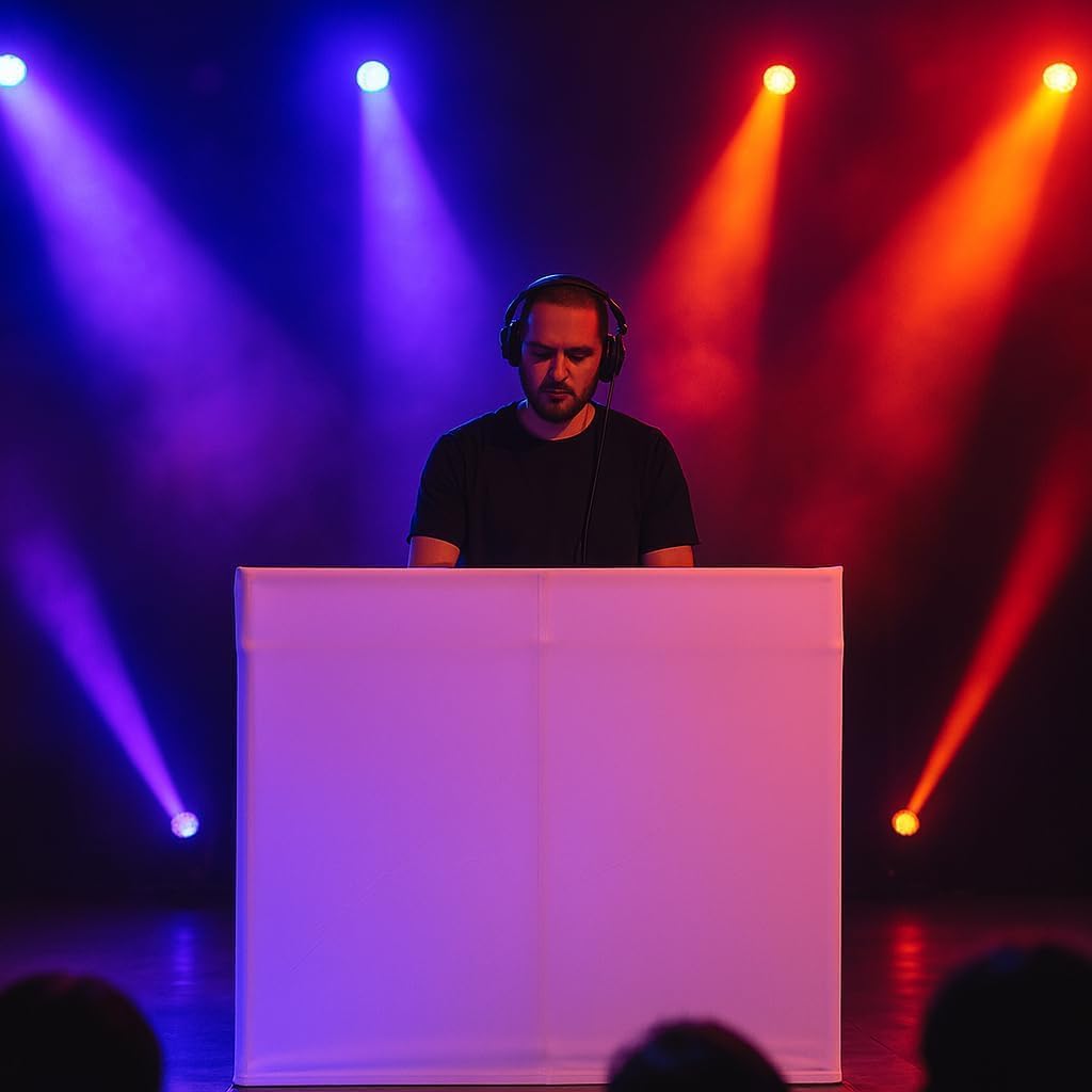 AxcessAbles Portable White DJ Facade Booth with Carry Case – 40' x 20' Tabletop, Steel Frame, and White Scrim | White DJ Table | Event Booth (ES-01X)