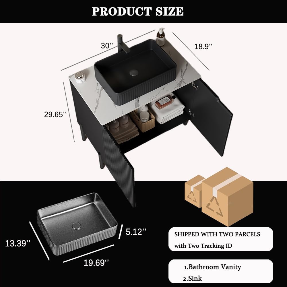 30' Bathroom Vanity with Sink, Modern Bathroom Vanities with 2 Soft-Closing Doors, Freestanding Bathroom Cabinet with Ceramic Basin and Carrara White Sintered Stone Counter Top-Colmar, Black