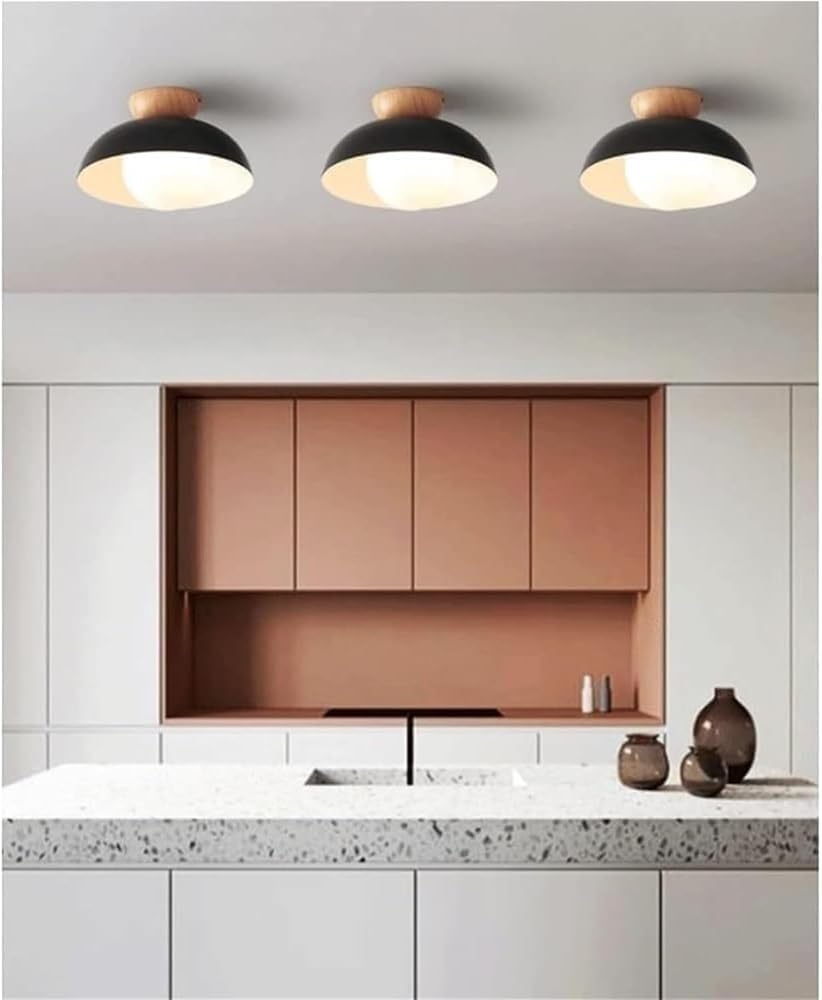 Nordic Semi-Recessed Ceiling Light Wrought Iron and Wood E14 Single-Head Pendant Fixture for Bedroom Aisle Corridor and Entrance(Black)