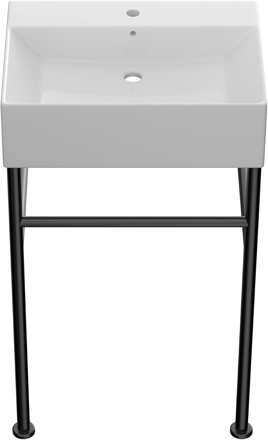 24''x16'' Modern Console Bathroom Sink with Black Stainless Steel Pedestal Legs, Freestanding & Wall Mount Vessel Vanity Basin, Rectangular Ceramic Sink for Small Space, Matte Black