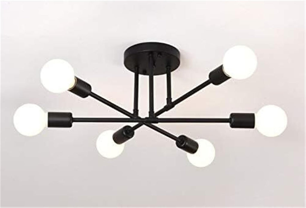 Vintage Industrial 6-Light Semi-Flush Ceiling Light, Black Wrought Iron Chandelier Close to Ceiling Lights Fixture for Dining Room, Kitchen, Living Room, Hallway, Entryway