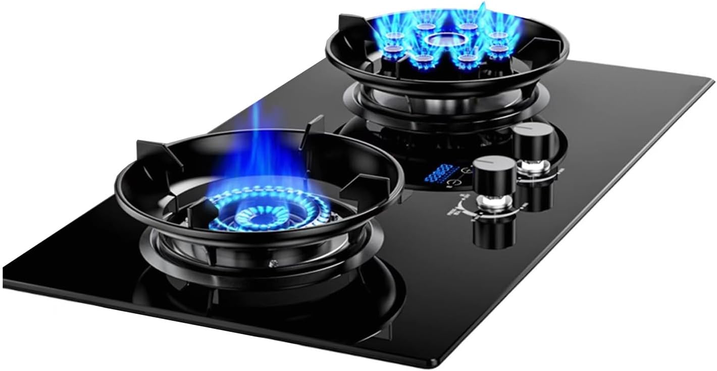 Gas Stove,Built-in Gas Stove with 2 Burners,5.2KW Nine-Cavity High-fire Timer,Gas/LP Gas Conversion Stove,with Flameout Protection,for Home Kitchen(NG)