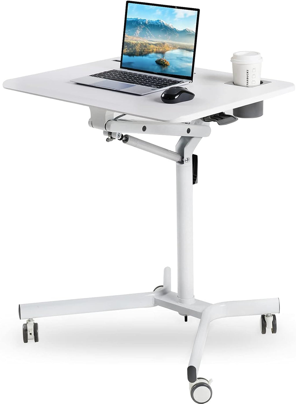 Lipo Mobile Sit Stand Desk - Height Adjustable Standing Laptop Desk Cart Rolling Couch Table on Wheels White Workstation with Gas Spring Riser for Home Office Classroom