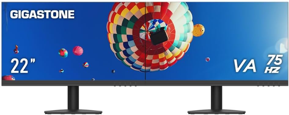 Gigastone 22 inch VA LED Back Light Monitor 2-Pack 75Hz FHD 1920 x 1080, 1080P 178° Wide View Frameless, Dual Monitor, 4ms, Eye Care Technology, Ergonomic Tilt VESA Mount, HDMI VGA