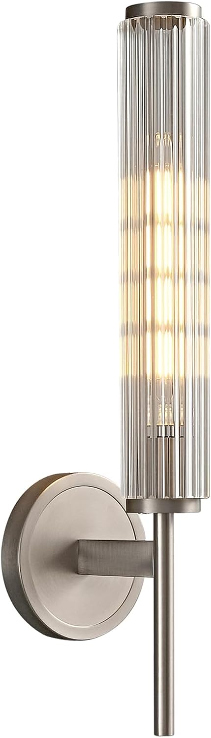 Brushed Nickel Wall Sconce with Ribbed Groove Glass Tube - 18.9' Solid Brass Material Wall lamp Includes Bulbs - Modern Wall Sconces for Bathroom, Living Room, Hallway, Staircase, Mirror