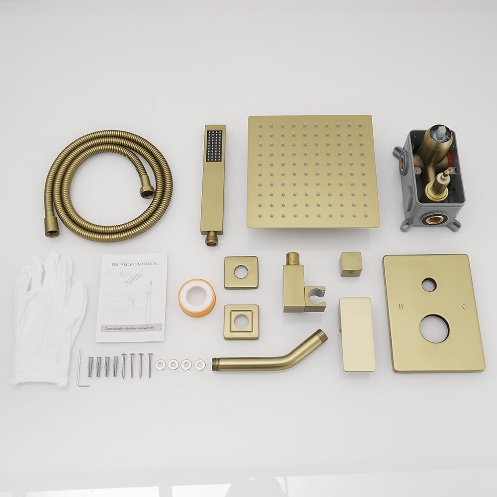 Brushed Gold Shower System 8 Inch Bathroom Luxury Rain Mixer Shower Combo Set Wall Mounted Rainfall Shower Head and Handheld System Shower Faucet Set Rough-in Valve Body and Trim Kit