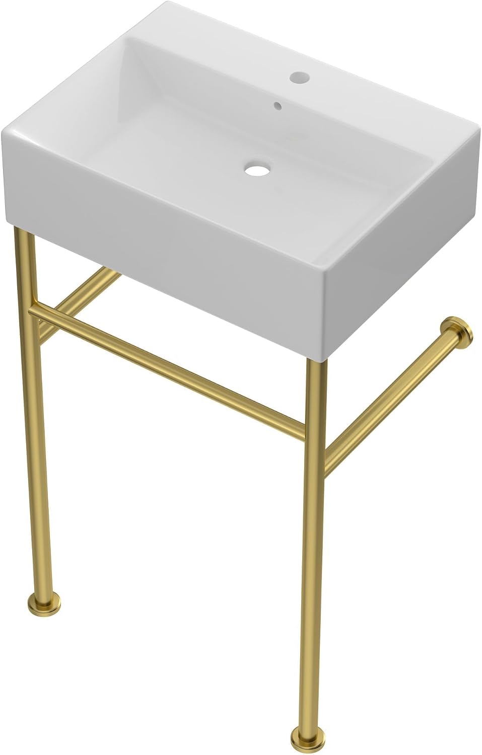 24''x16'' Modern Console Bathroom Sink with Gold Stainless Steel Pedestal Legs, Freestanding & Wall Mount Vessel Vanity Basin, Rectangular Ceramic Sink for Small Space, Brushed Gold