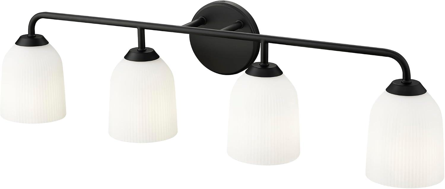 ML Lighting | Norah Collection | 22304-MB | Indoor 4 Light Vanity in Matte Black with Opal Ribbed Glass Shade | Elegant and Versatile Design for Any Bathroom
