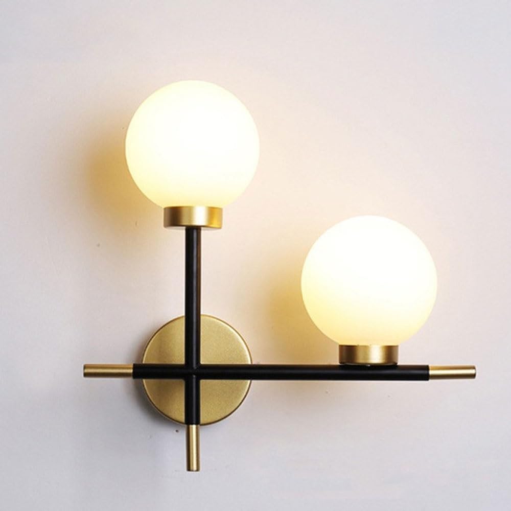 2 Light Nordic Minimalist Golden Wrought Iron Wall Fitting,with Frosted Glass Globe Shades Black Lighting Metal Fixture, for Living Room, Bedroom, Hallway(Right)