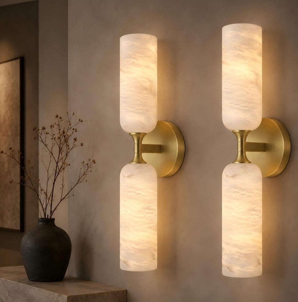 20in Alabaster Wall Sconces Set of Two, Modern Spanish Natural Marble Bathroom Vanity Sconces, Brass Alabaster Sconce Wall Lighting, Gold Wall Light Fixtures Decor for Bedroom Living Room Staircases