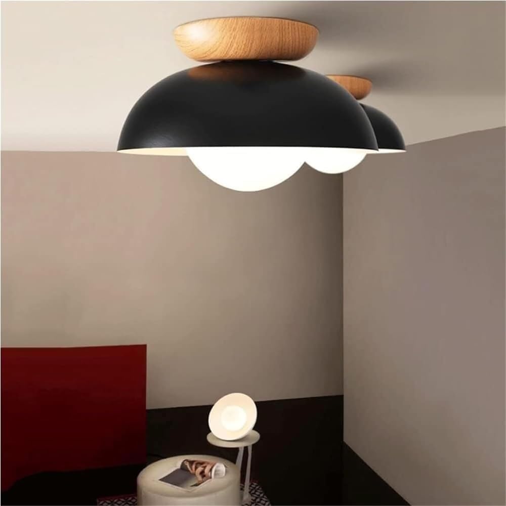 Nordic Semi-Recessed Ceiling Light Wrought Iron and Wood E14 Single-Head Pendant Fixture for Bedroom Aisle Corridor and Entrance(Black)