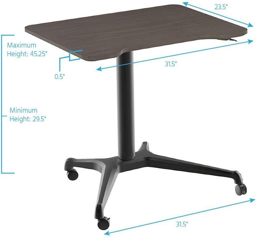Monoprice Gas-Lift Sit-Stand Rolling Laptop Riser Desk - Dark Walnut (31.5 x 23.5in) Table Top for Single Display, Height Adjustable 29.5'-42.3' Max,Brown