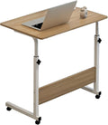 C Shaped End Table Adjustable Overbed Bedside Table with Wheels Rolling Laptop Tray Desk Cart Portable Mobile Sit Stand Desk Tilting Hospital Bed Table (Wood Color)
