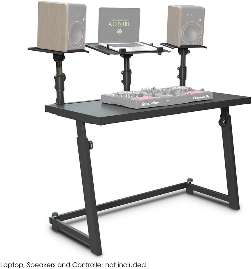 Gravity DJ Desk FDJT 01 DJ Workstation Desk with Speaker Mounts and Laptop Tray for DJs and Live Performance, black